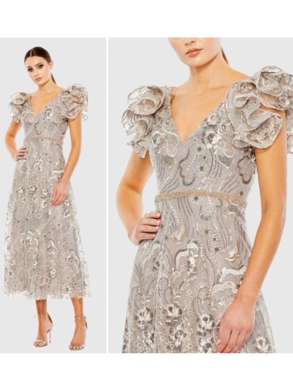 Mac Duggal Embellished Ruffled Cap Sleeve A Line Dress Size 6